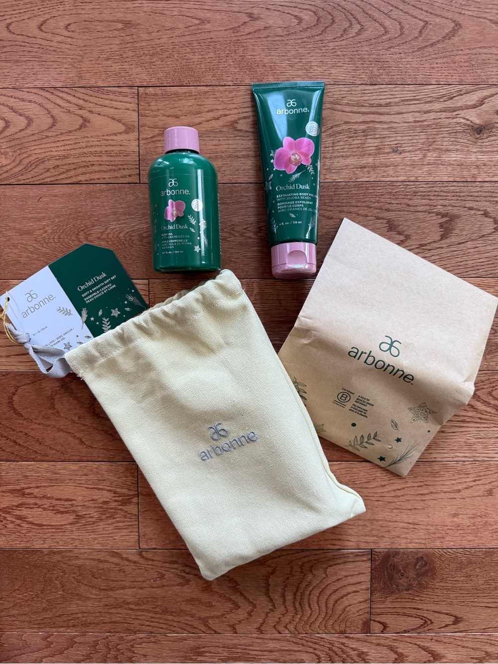 Arbonne Orchid Dusk Body Oil, Body Polish  & Glove Gift Set